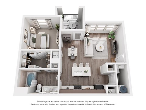 Floor plan for 1 bed, 1 bath, 773 sqft